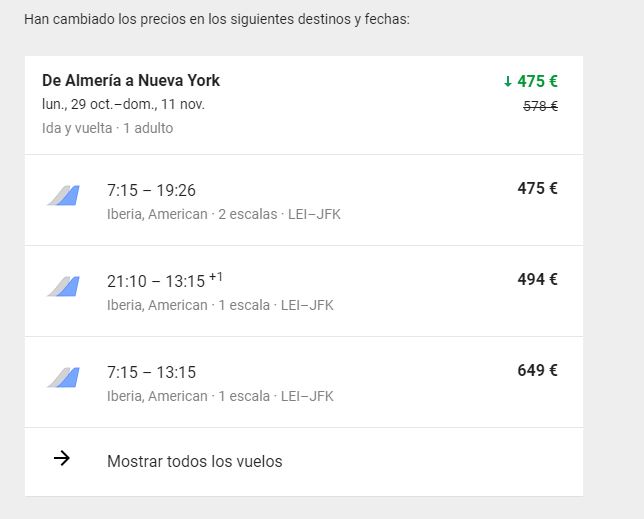 Precio vuelos google flight. 475 euros ida y vuelta Almeria-New York